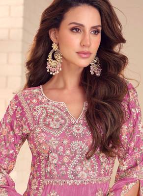 Onion pink simmer silk embroidered designer palazzo suit 3