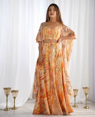 Designer printed indo-western crop top palazzo set with flowing cape 1