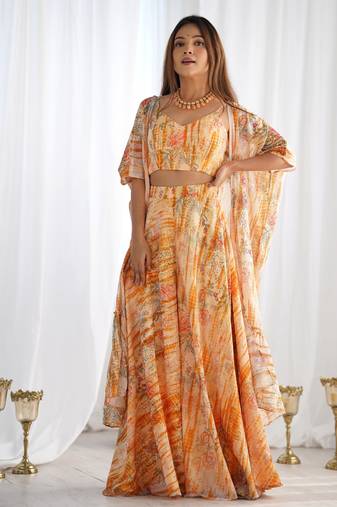Designer printed indo-western crop top palazzo set with flowing cape
