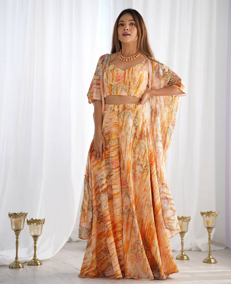 Designer printed indo-western crop top palazzo set with flowing cape