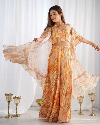 Designer printed indo-western crop top palazzo set with flowing cape 2