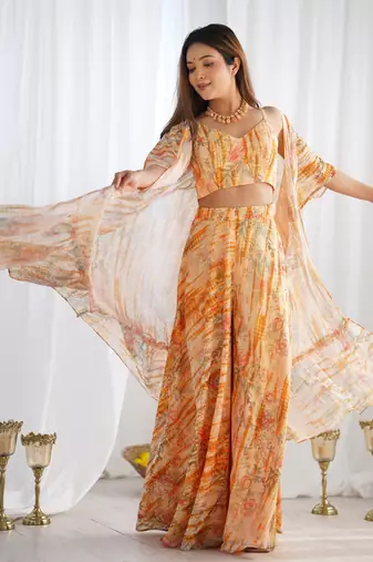 Designer printed indo-western crop top palazzo set with flowing cape