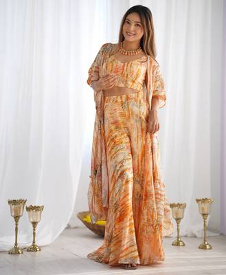 Designer printed indo-western crop top palazzo set with flowing cape 3
