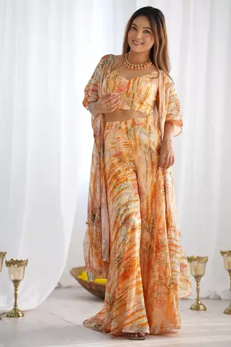 Designer printed indo-western crop top palazzo set with flowing cape