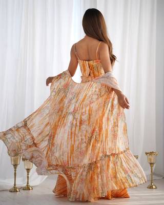 Designer printed indo-western crop top palazzo set with flowing cape 4