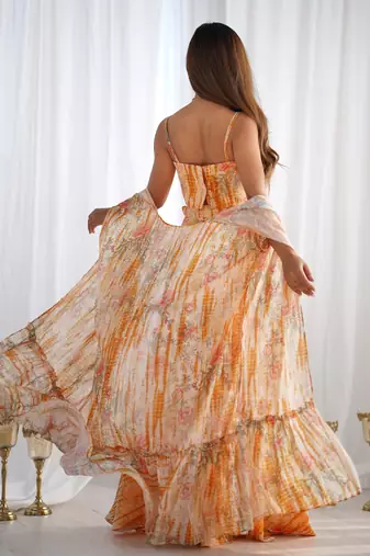 Designer printed indo-western crop top palazzo set with flowing cape