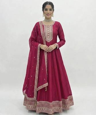 Women   s dark pink embroidered anarkali gown with dupatta 1