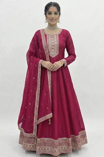 Women   s dark pink embroidered anarkali gown with dupatta