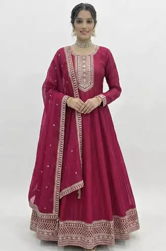 Women’s dark pink embroidered anarkali gown with dupatta