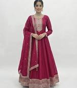 Women’s dark pink embroidered anarkali gown with dupatta