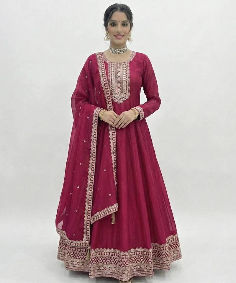 Women’s dark pink embroidered anarkali gown with dupatta