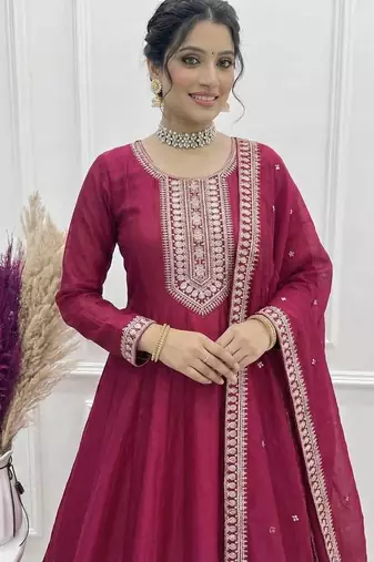 Women   s dark pink embroidered anarkali gown with dupatta