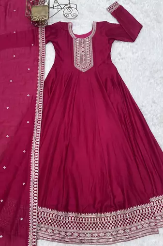 Women   s dark pink embroidered anarkali gown with dupatta