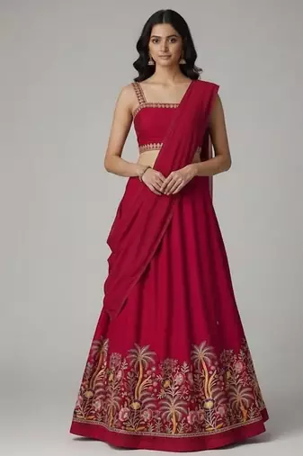 Deep Red Embroidered Lehenga Set