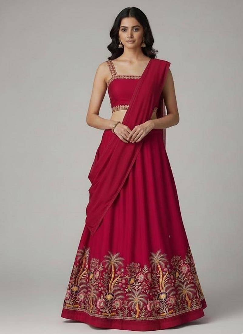 Deep Red Embroidered Lehenga Set