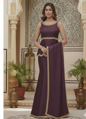 Wine Purple Embellished Peplum style long choli Lehenga set 1