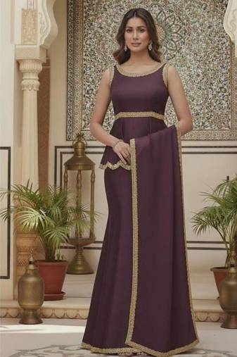 Wine Purple Embellished Peplum style long choli Lehenga set