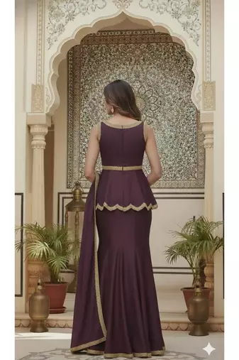 Wine Purple Embellished Peplum style long choli Lehenga set