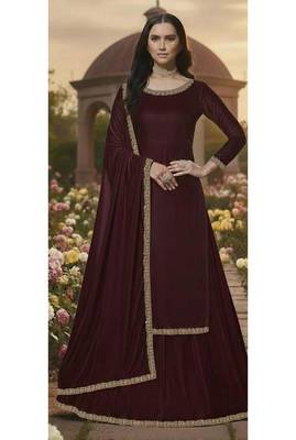 Wine Velvet long Kurti Lehenga set with dupatta 1