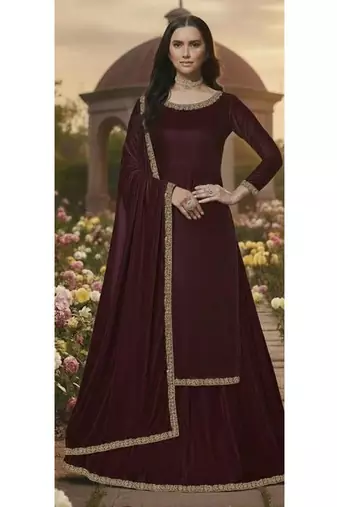 Wine Velvet long Kurti Lehenga set with dupatta