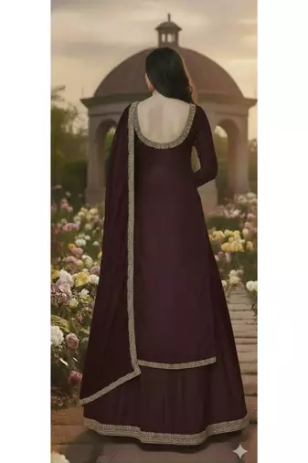 Wine Velvet long Kurti Lehenga set with dupatta