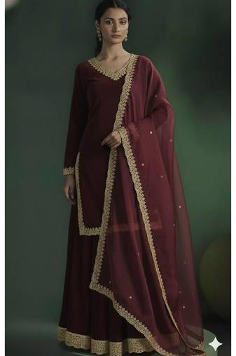 Maroon kurta style lehenga set with Gold Accents