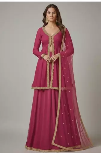 Magenta Front-Open Anarkali style lehenga Set