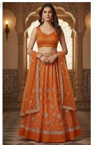 Burnt Orange Embroidered Lehenga