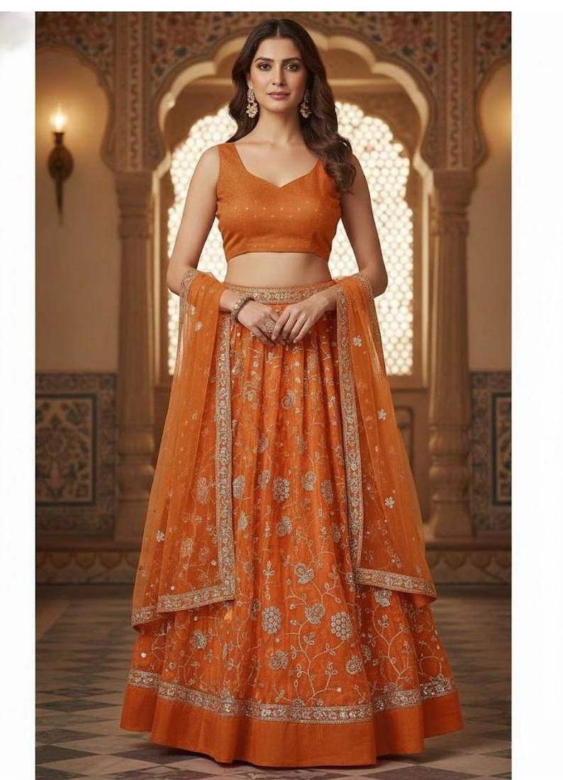 Burnt Orange Embroidered Lehenga