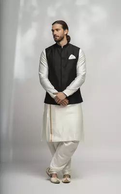 White-black dupion silk kurta set 1
