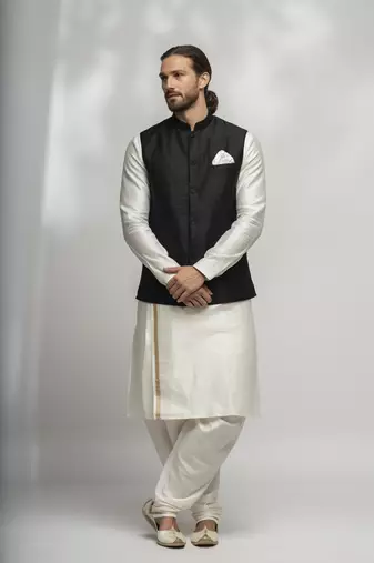 White-black dupion silk kurta set