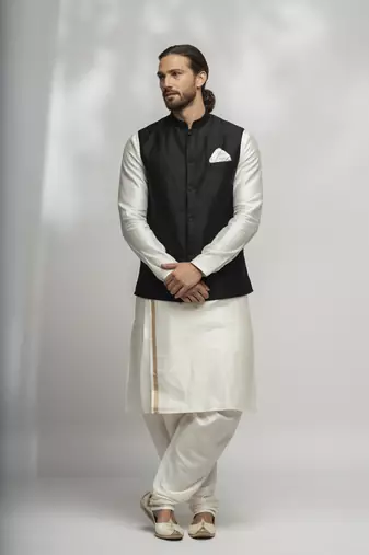 White-black dupion silk kurta set