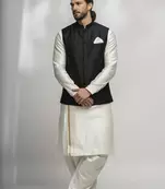 White-black dupion silk kurta set