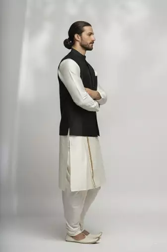 White-black dupion silk kurta set
