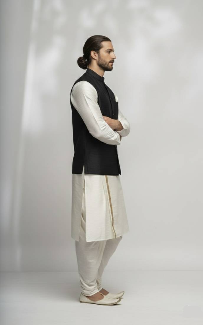White-black dupion silk kurta set