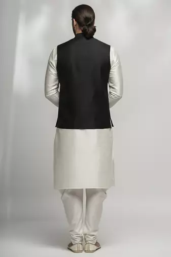White-black dupion silk kurta set