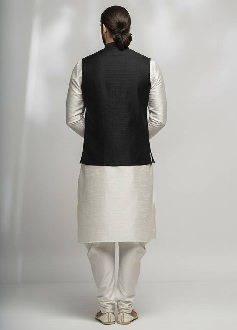 White-black dupion silk kurta set