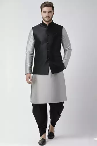 Black-grey dupion silk kurta set