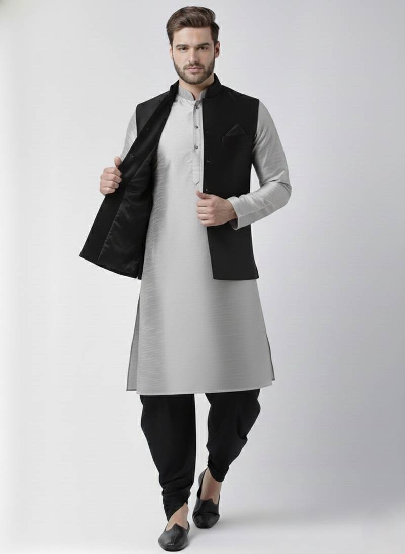 Black-grey dupion silk kurta set