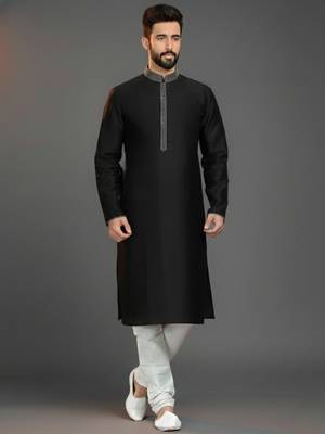 Black embroidered dupion silk kurta set 1