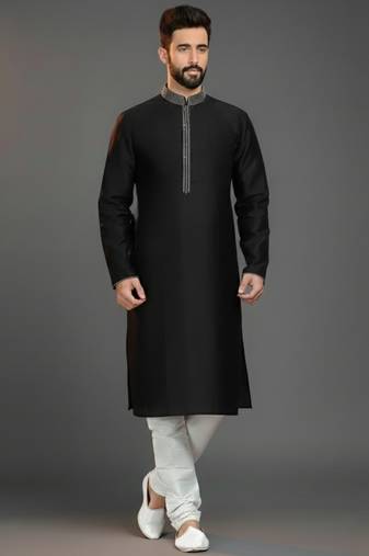 Black embroidered dupion silk kurta set