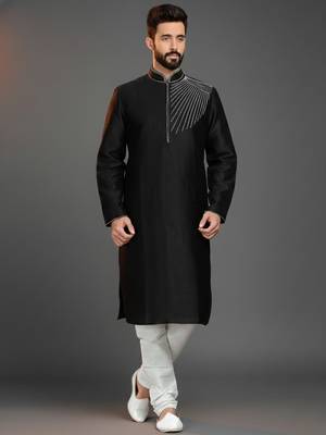 Black embroidered dupion silk kurta set 1