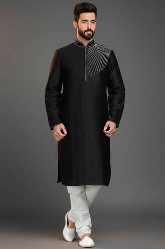 Black embroidered dupion silk kurta set