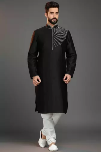 Black embroidered dupion silk kurta set