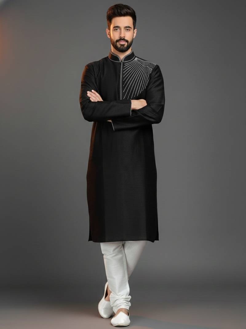 Black embroidered dupion silk kurta set