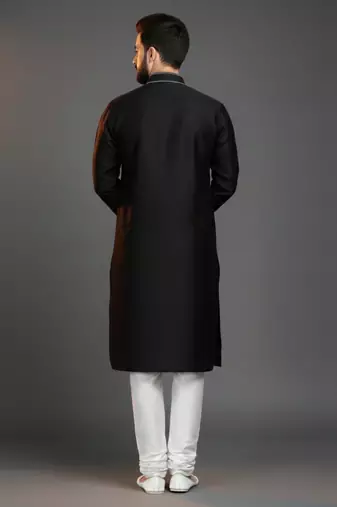 Black embroidered dupion silk kurta set