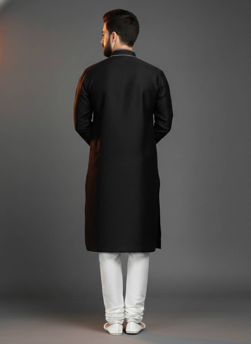 Black embroidered dupion silk kurta set