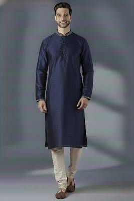 Navy embroidered dupion silk kurta set 1