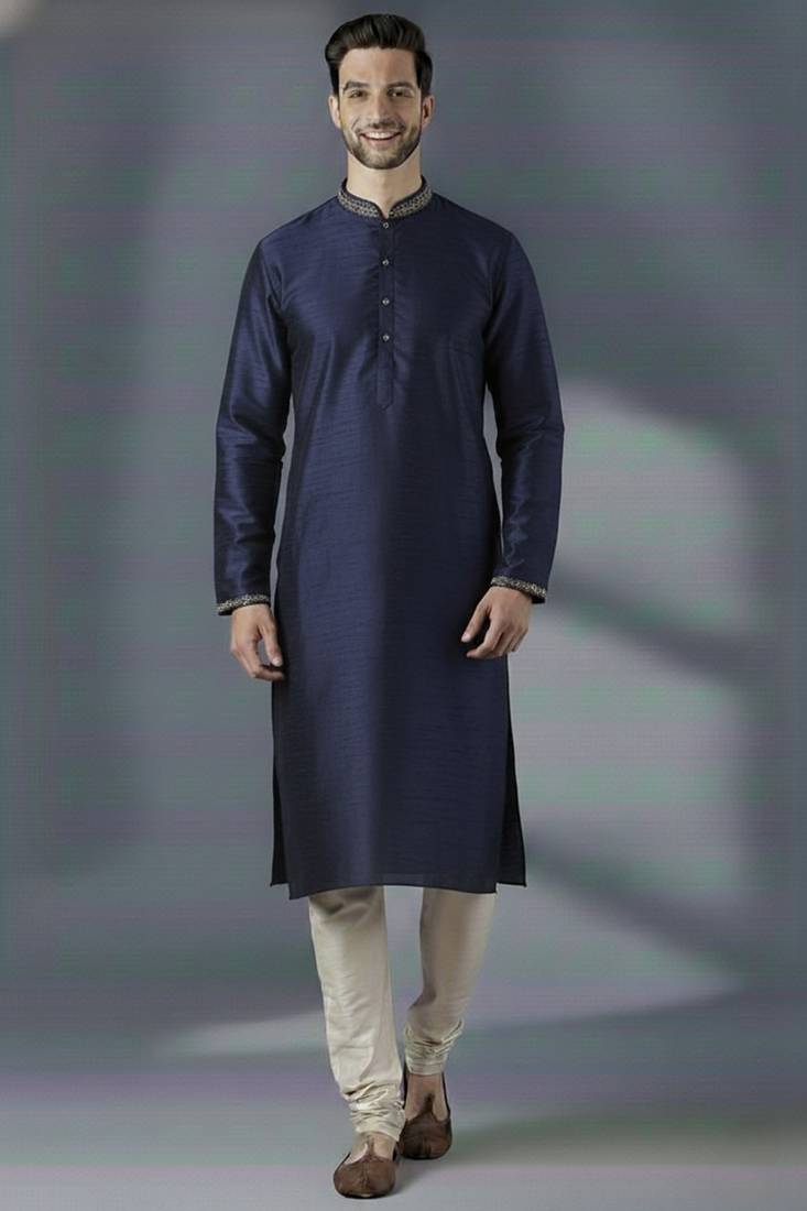 Navy embroidered dupion silk kurta set