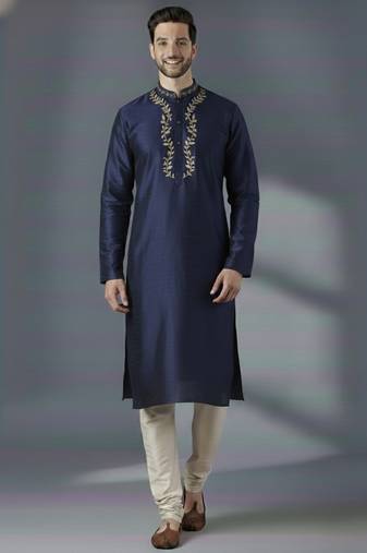 Navy embroidered dupion silk kurta set